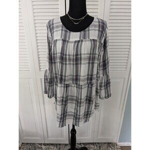 EVRI Top Women 1X Babydoll Bell Sleeve White Purple Black Modal Plaid Bohemian